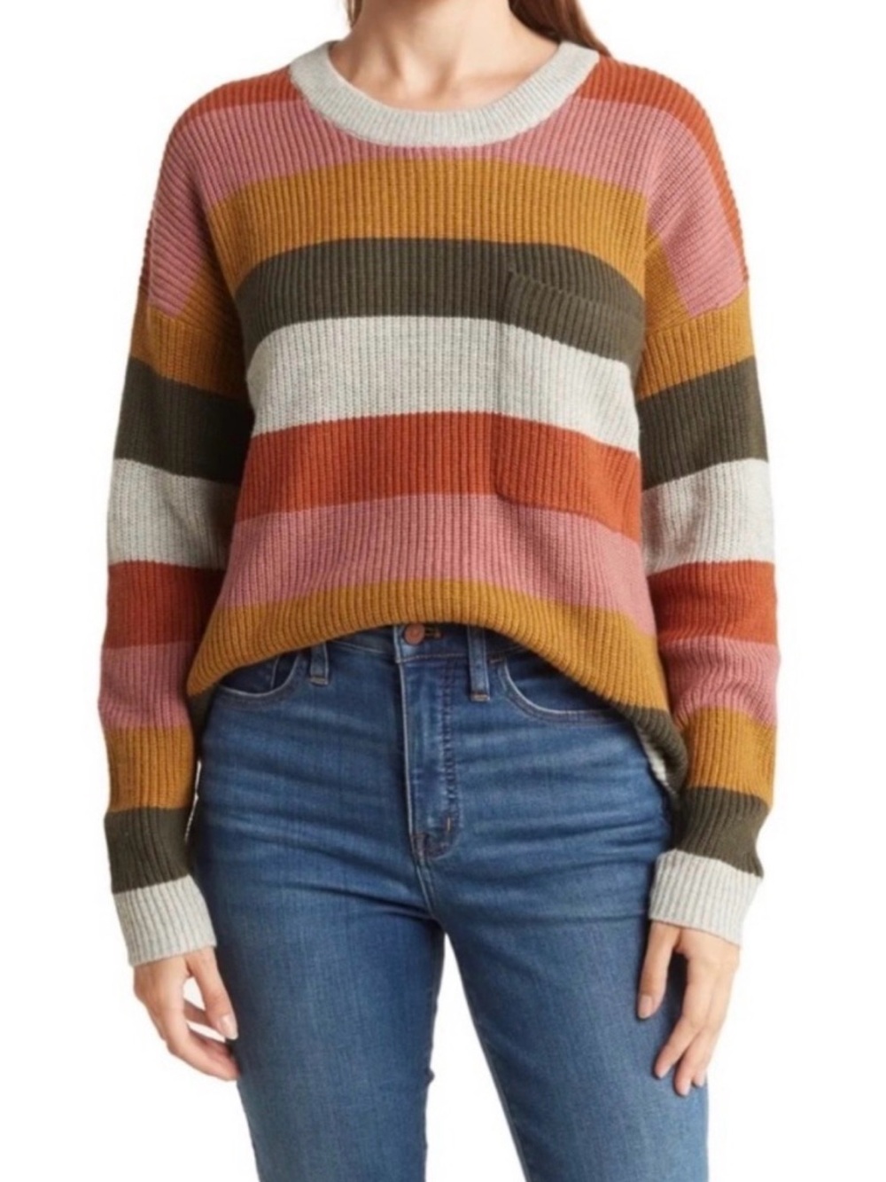 Madewell Striped Crewneck Sweater in Mustard, Pink & Olive